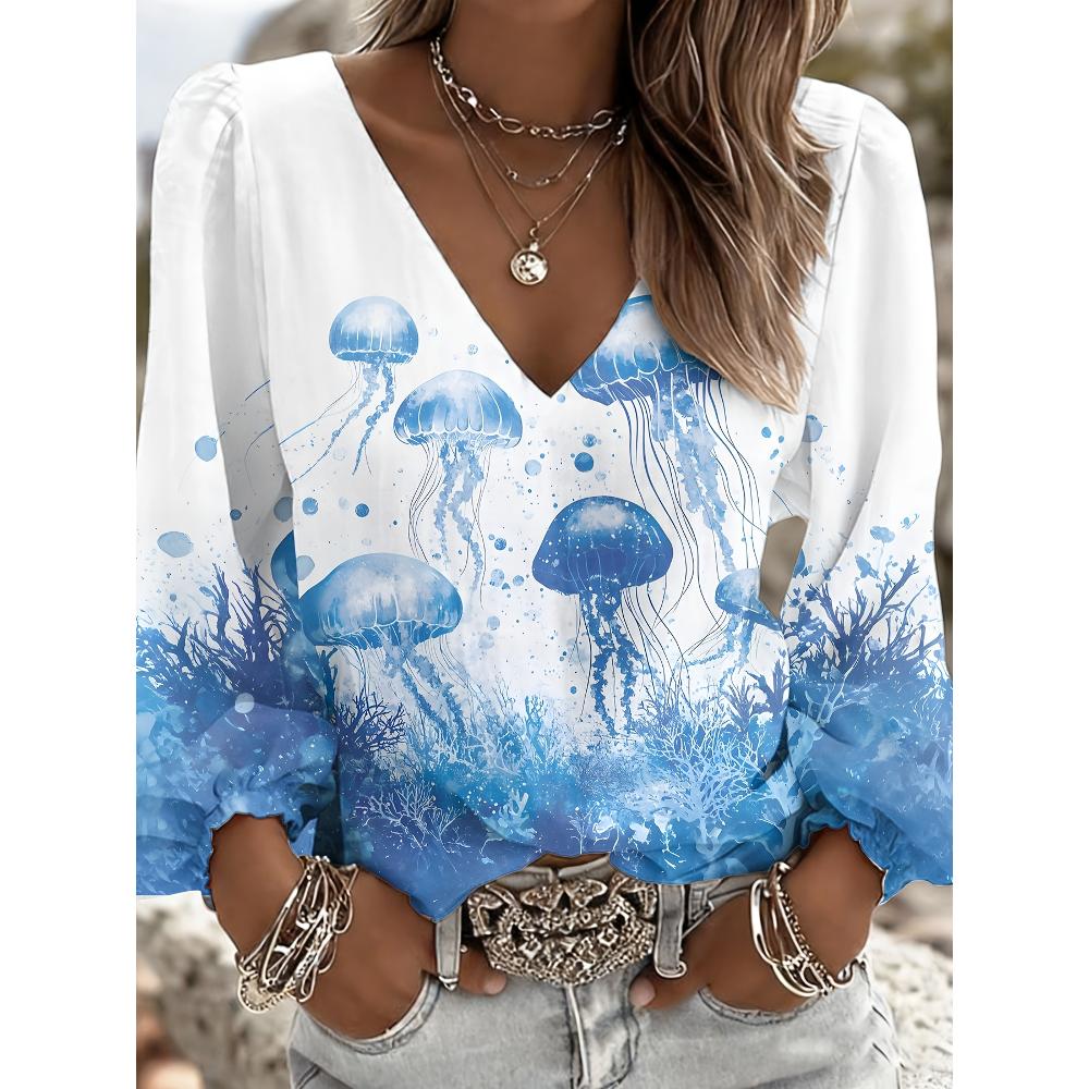 

Women s fashionable retro floral pattern V-neck shirt, suitable for romantic date occasions and elegant daily outings, fashionable women s top XXL