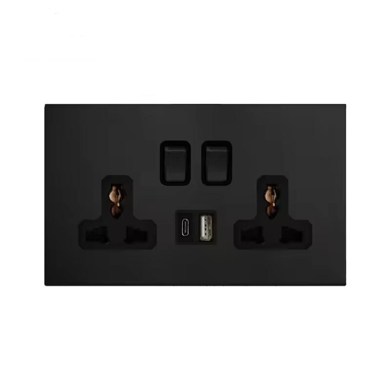 LangYeao Mattschwarz Ultra-dünner Edelstahl Kippschalter 1/2/3/4-fach und Steckdose 4mm Schlanke Metall-Wandplatte Minimalistisches Design