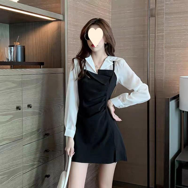 

Women s 2023 Korean Style Long-Sleeve Shirt with Waist-Slimming Irregular Suspender Skirt - Spring/Autumn Two-Piece Look M