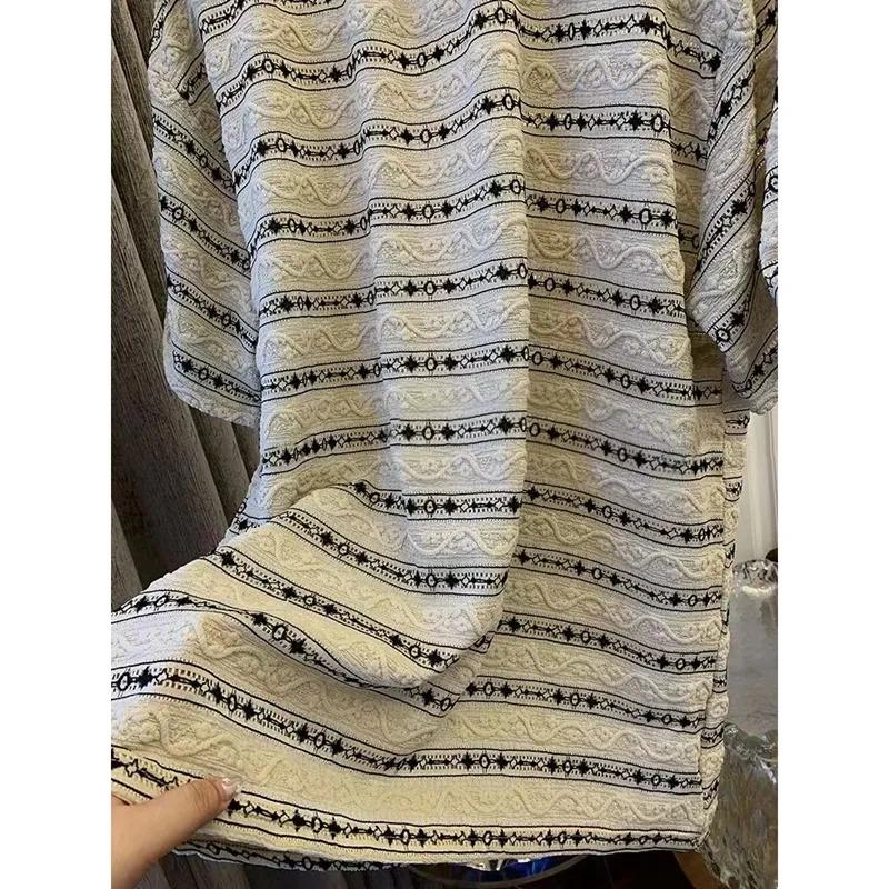 Striped Jacquard Short-sleeved T-shirt Women's Summer Loose High-end Temperament Mid-length Top Trendy