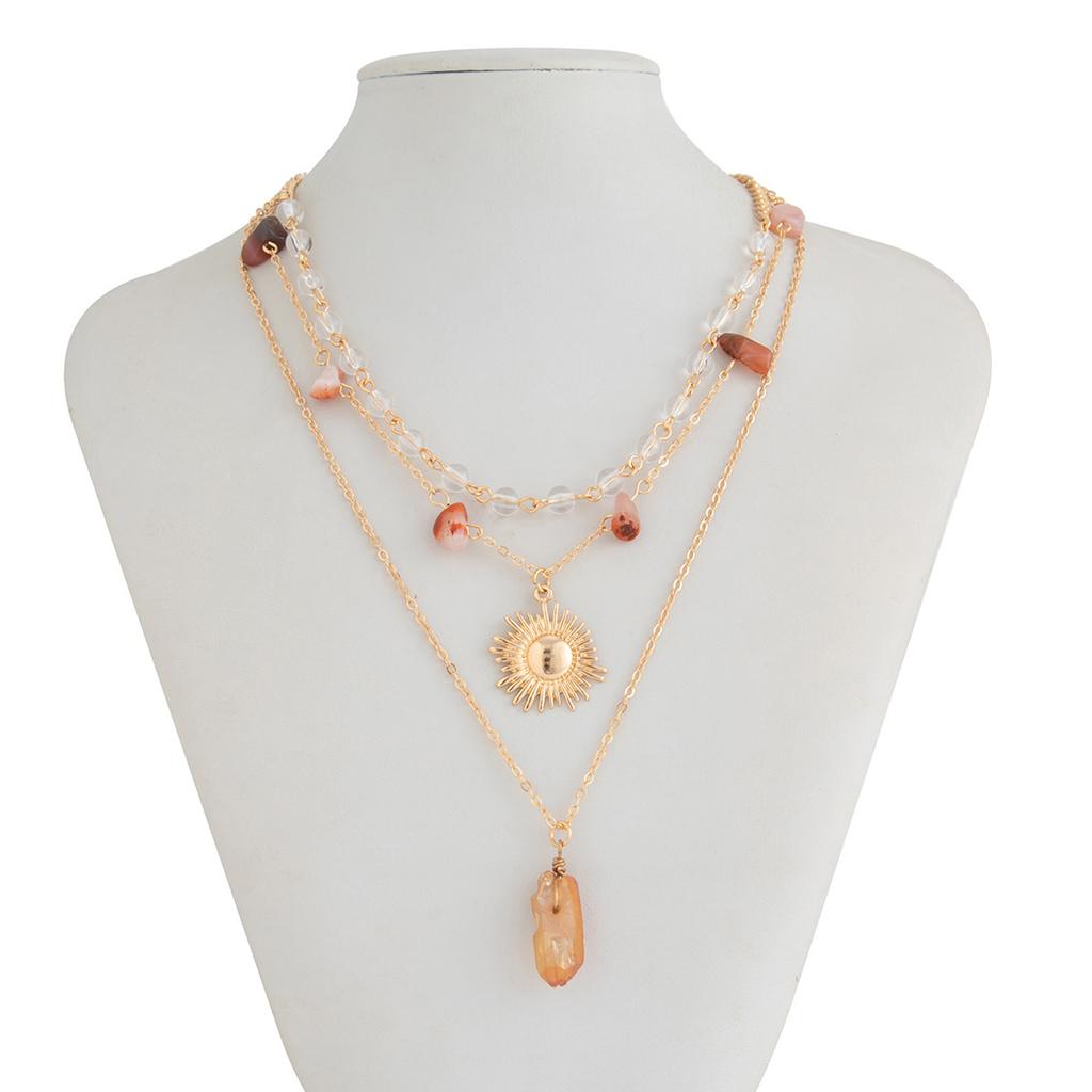 Set of 3 Layered Sun Crystal Pendant Necklace Women Bohemian Style Neck Jewelry Suitable for Fashion Enthusiasts
