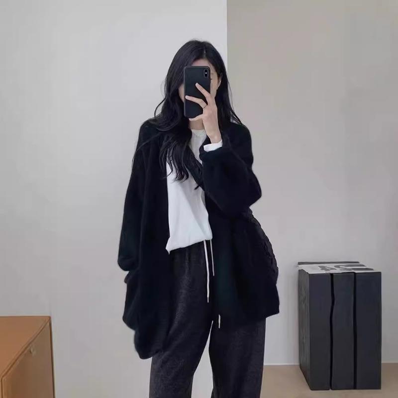 Grey Raccoon Velvet Medium and Long Sweater Jacket for Women's Autumn and Winter Loose and Lazy Style Knitted Cardigan with Outer Wear