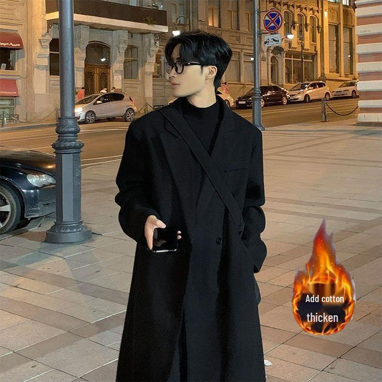 Men's Korean Style Over-the-Knee Wool Winter Coat - Thickened, Mid-Length, Loose Fit