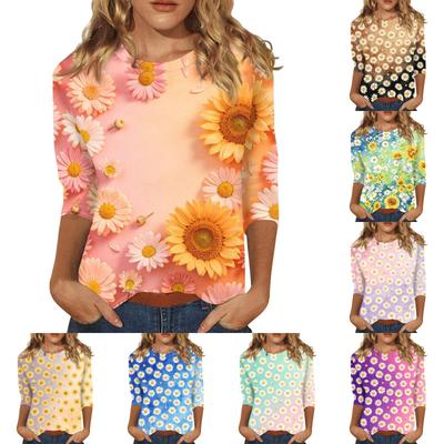 Womens Casual Floral Print Round Neck Top Three Quarter Sleeve Lightweight Blouse for Everyday Wear