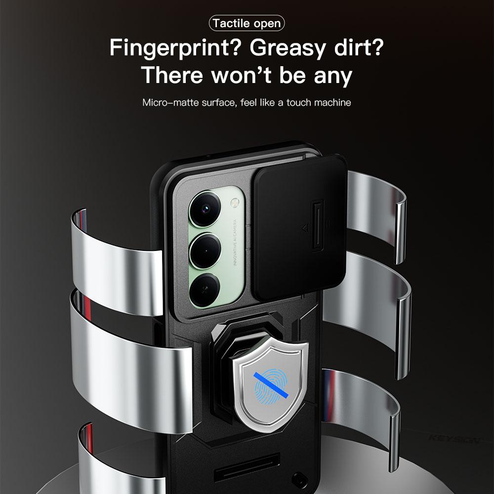 KEYSION Shockproof Armor Case for Redmi 15 169.5mm 171mm Slide Camera Lens Protection Metal Ring Stand Phone Cover for Redmi 5G