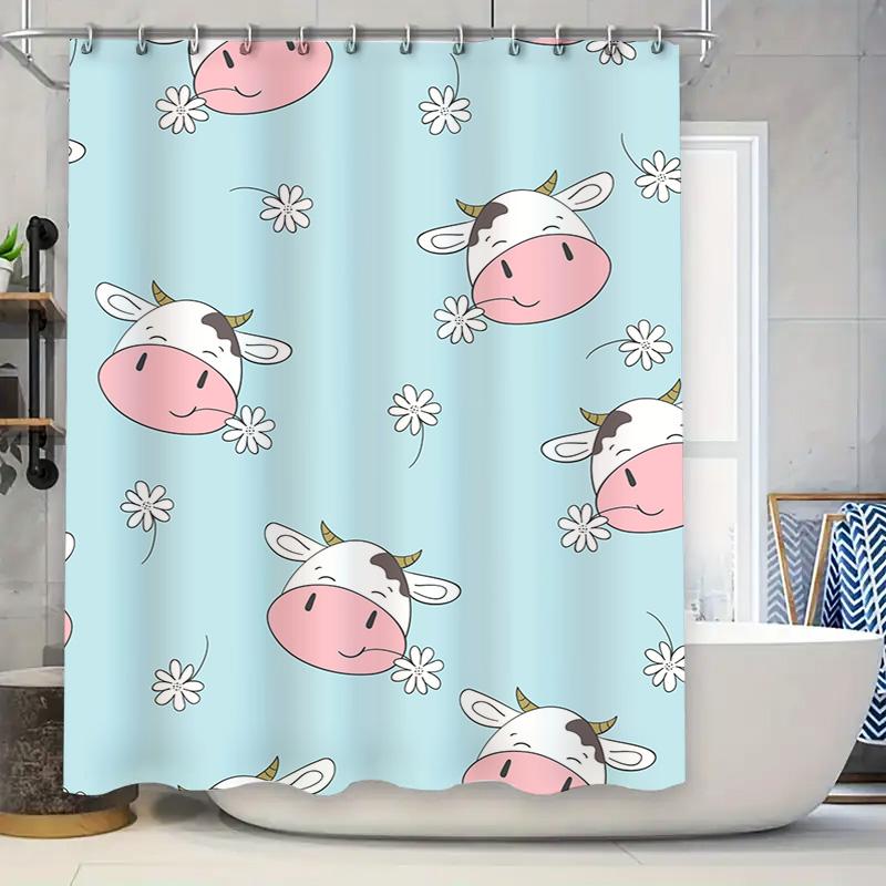 

Adorable Animal Print Shower Curtain Cute Cow Design for Bathroom Decorations Blue Floral Pattern Fabric Waterproof Bath Mat Set 90x180cm