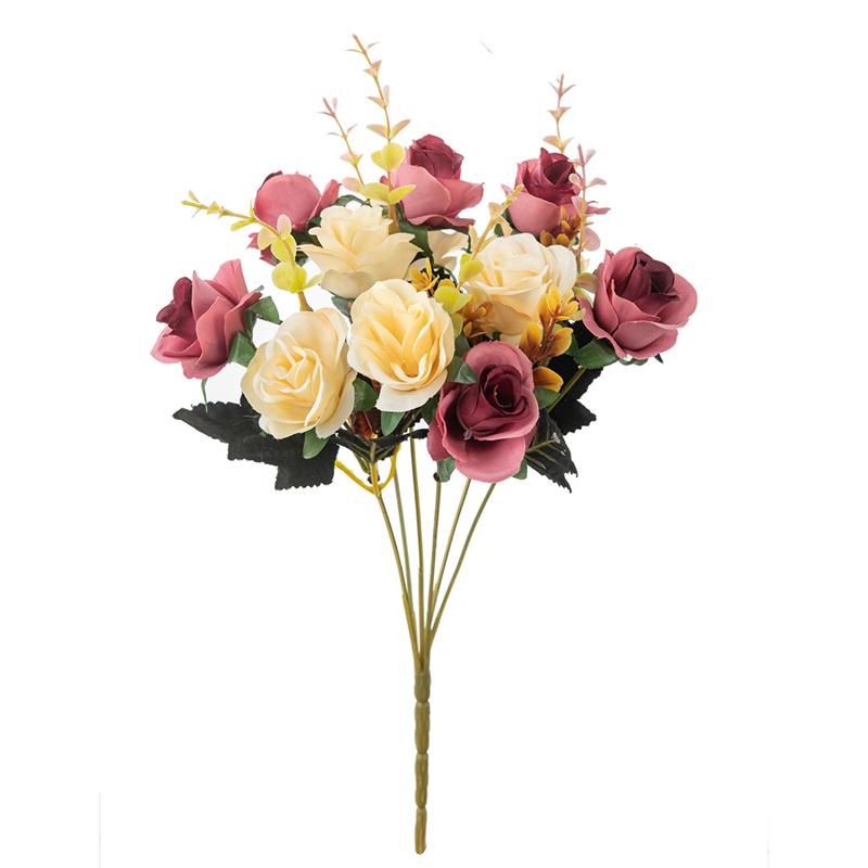 12 Heads Artificial Flowers Silk Mini Roses with Leaf Bouquet for Home Hotel Wedding Christmas Tables Decorations Bridal Bouquet