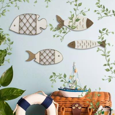 4 Pcs Summer Coastal Wooden Fish Wall Art Beach Theme Ocean Fish Wall Decor Vintage Nautical Wall Sculpture for Lake House Bedroom
