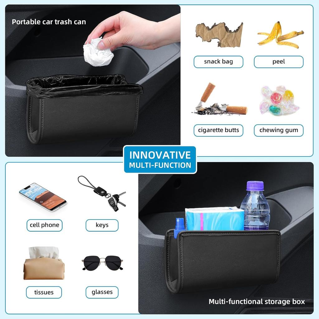 Car Trash Can, Leather Car Trash Bin Door Organizer With A Roll Of Garbage Bag, Foldable Hanging Mini Cars Storage Must Have Essentials Interior