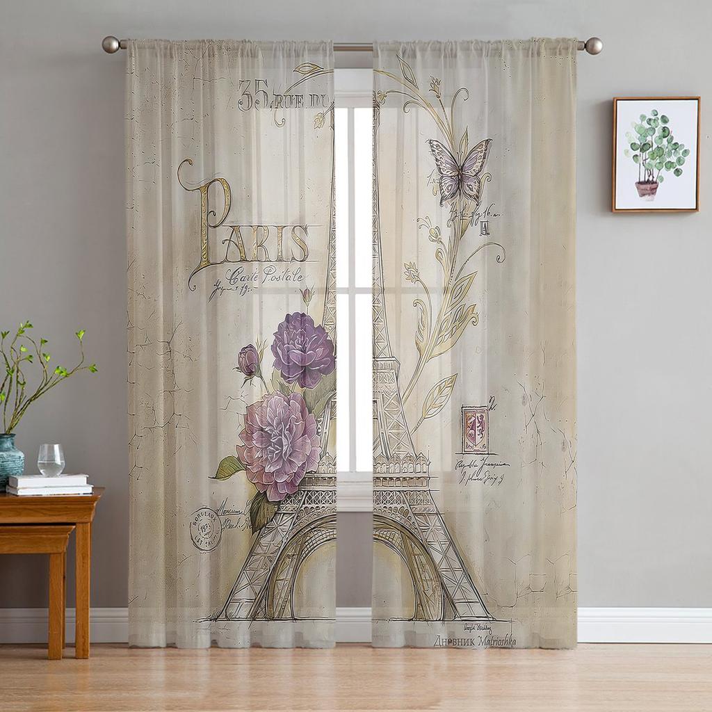 Black And White Butterfly Flower Art Tulle Curtains for Living Room Decoration Chiffon Sheer Voile Kitchen Bedroom Curtain