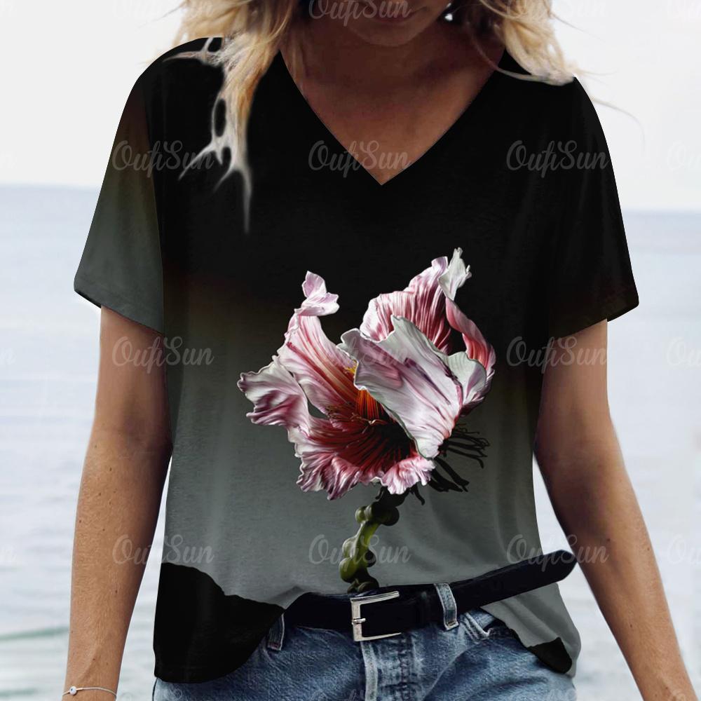 2024 Women T Shirt Summer Floral T-Shirt Plus Size Women's Clothing Oversized Designer Short Sleeve Shirt Women V Neck Blouse
