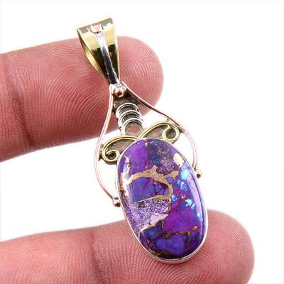 Natural Purple Copper Turquoise 925 Solid Silver Gift TwoTone Pendant1.75" I6Q35