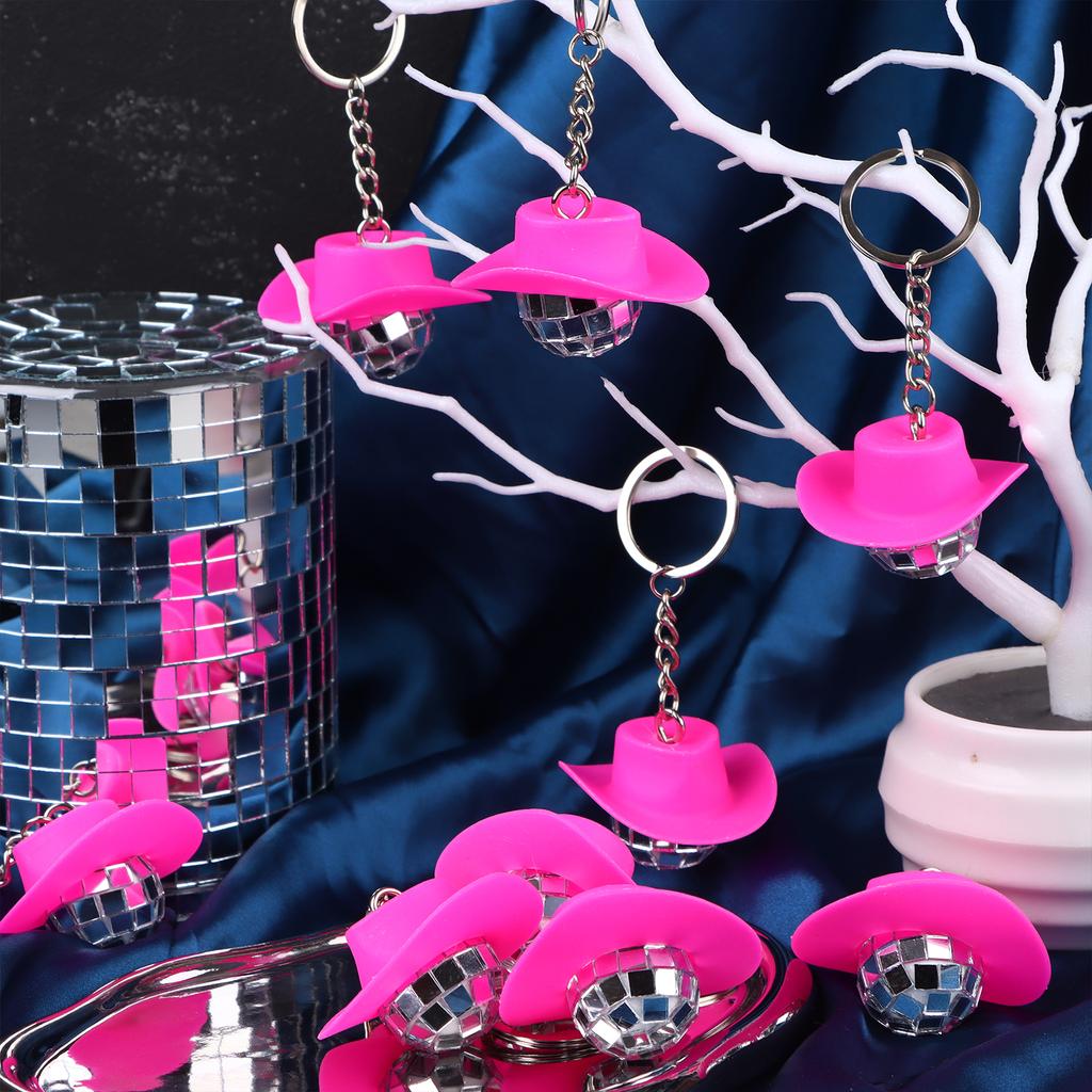 18Pcs Cowboy Hat Disco Ball Keychain Pink Hat Disco Ball Decorations Mini Disco