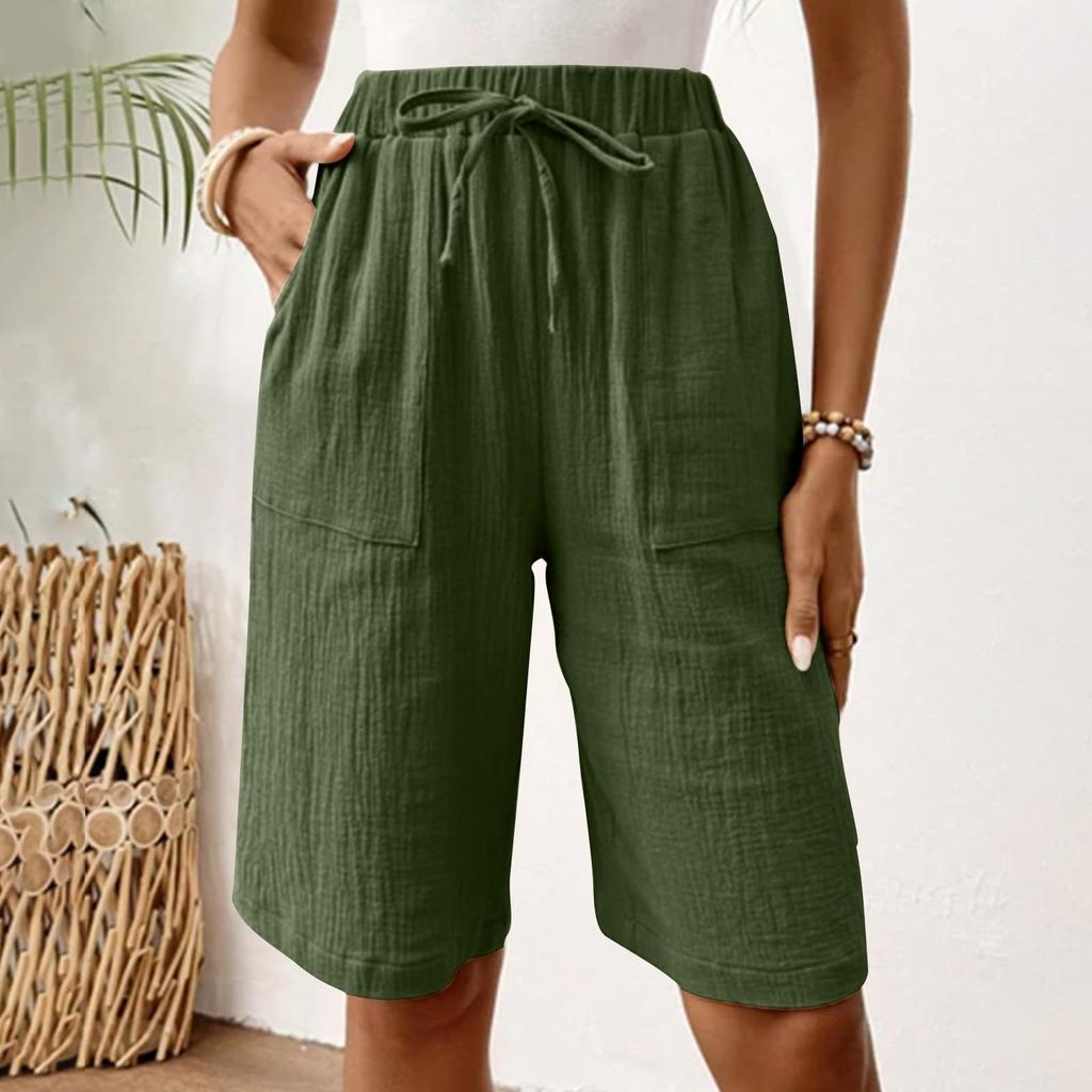 Women's Fashion Cotton-Linen Blend Pocket Elastic Waist Loose-Fit Casual Cropped Pants