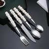 Norse Luxe Ceramic Pearl Cutlery Set: Fork, Knife & Spoon in Elegant Stainless Steel