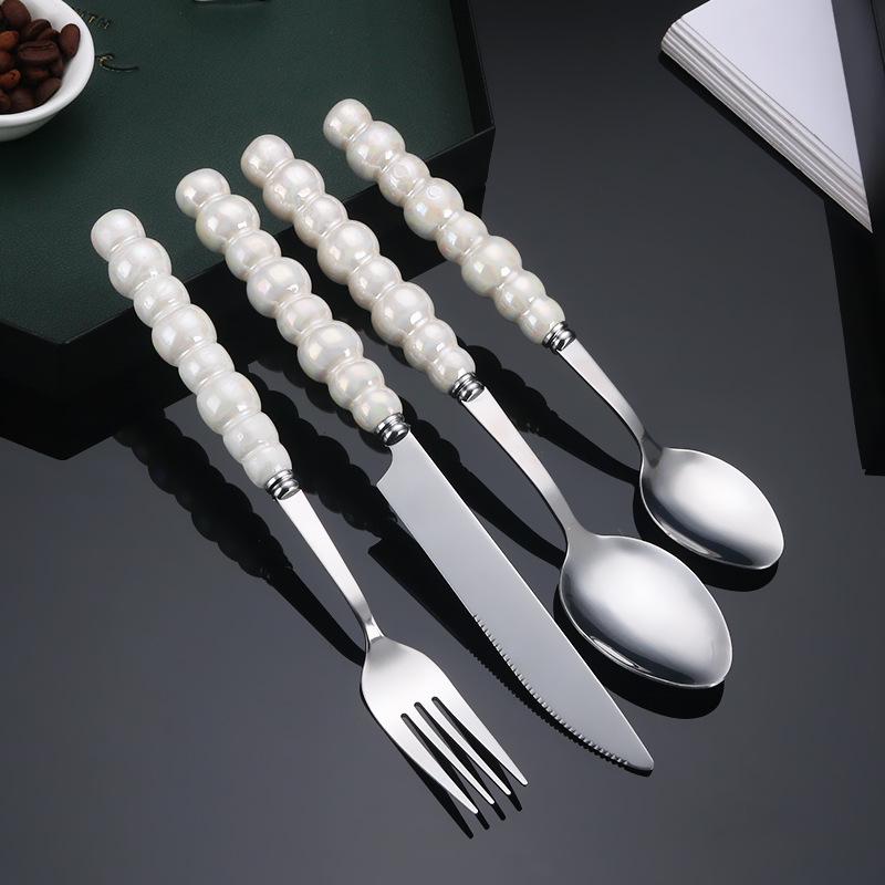 Norse Luxe Ceramic Pearl Cutlery Set: Fork, Knife & Spoon in Elegant Stainless Steel