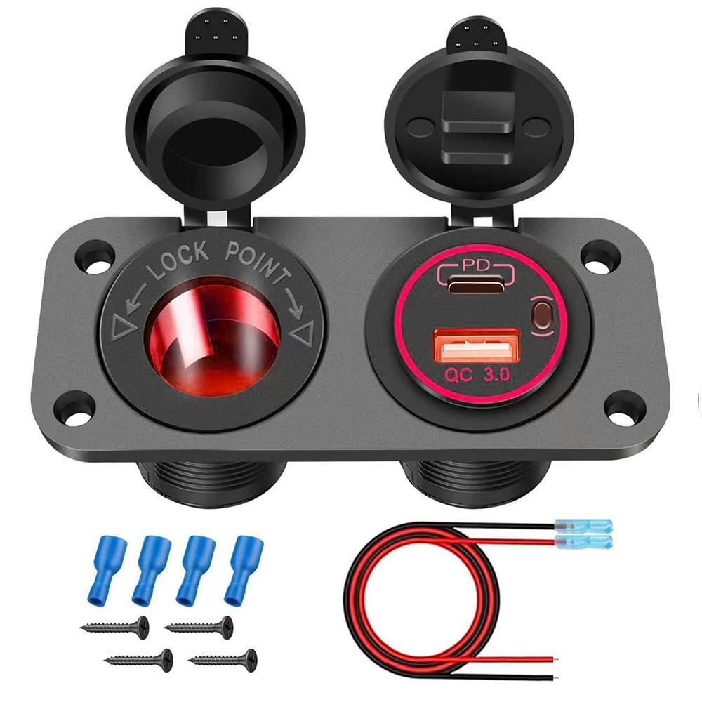12V Cigarette Lighter Socket Quick Charge PD QC3.0 USB Charger Power Outlet with Button Switch for Car Boat Marine RV Golf Cart