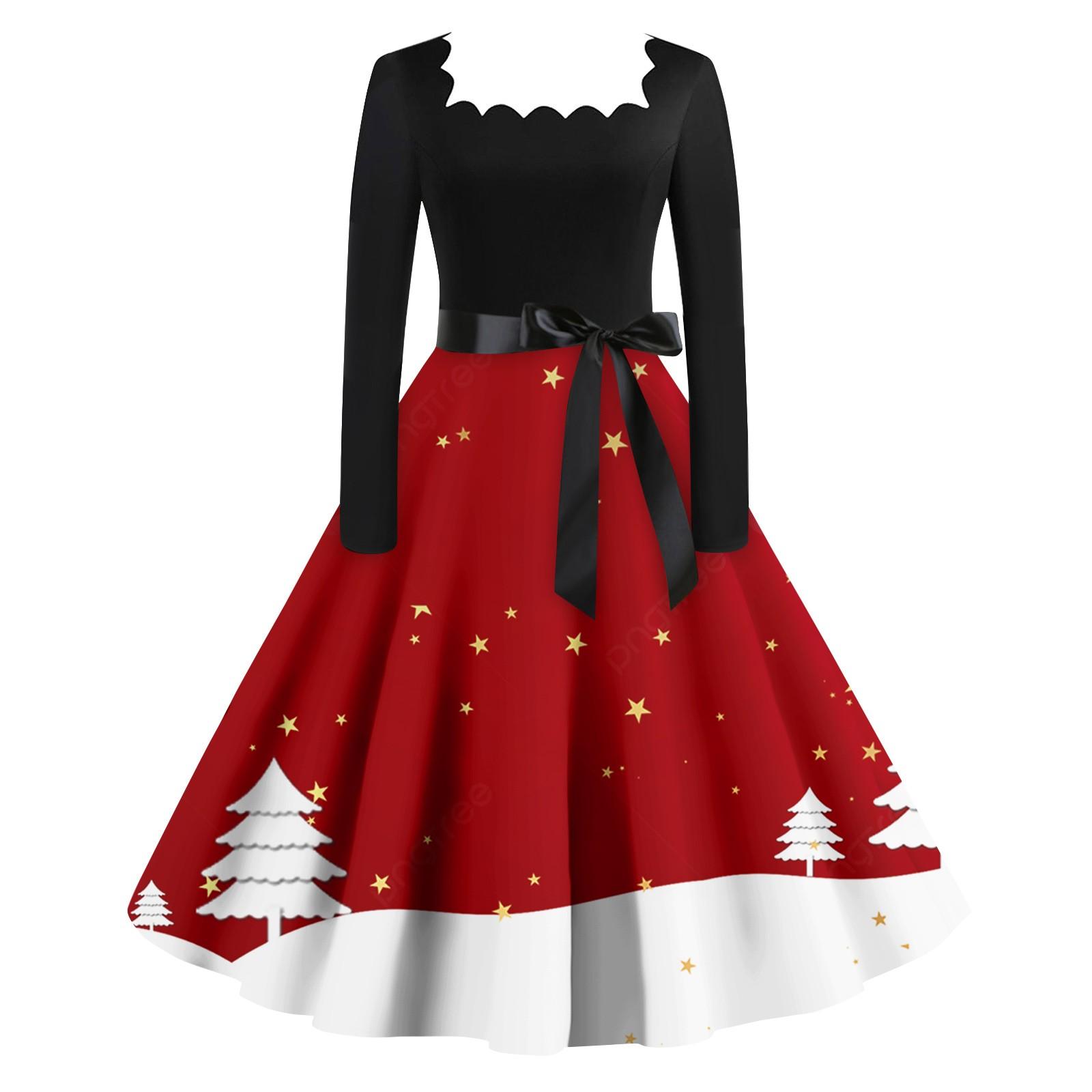 Женская мода винтаж с длинным рукавом квадратный вырез рождественский принт вечерние — фото 12