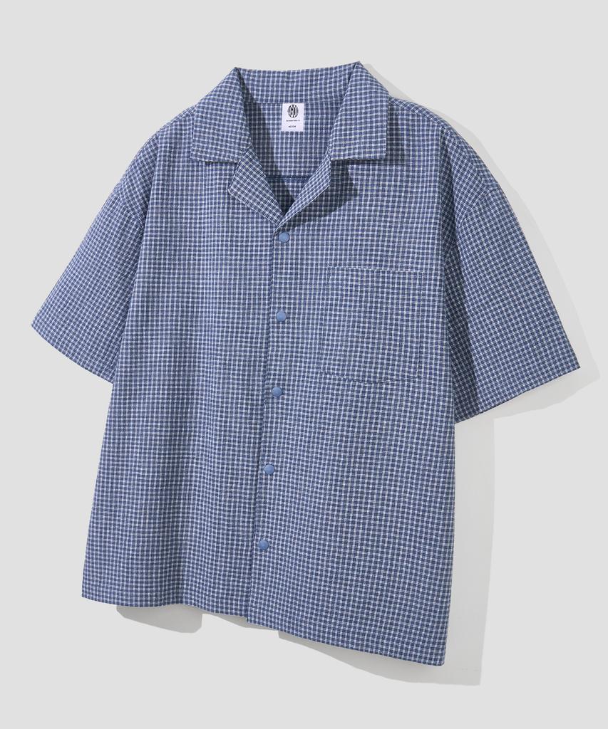 AGOD Open Collar Check Half Shirt [Navy]