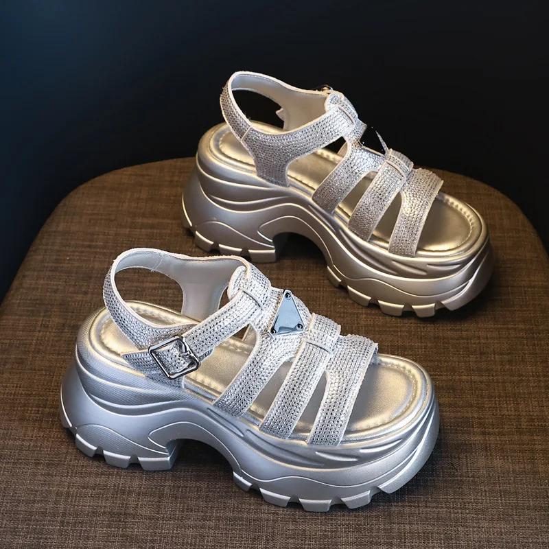 Fashion High Quality 8CM Synthetic Microfiber Leather Women Sandals Flats Chunky Sneakers Hollow Bling Vulcanize Platform Wedge Shoes