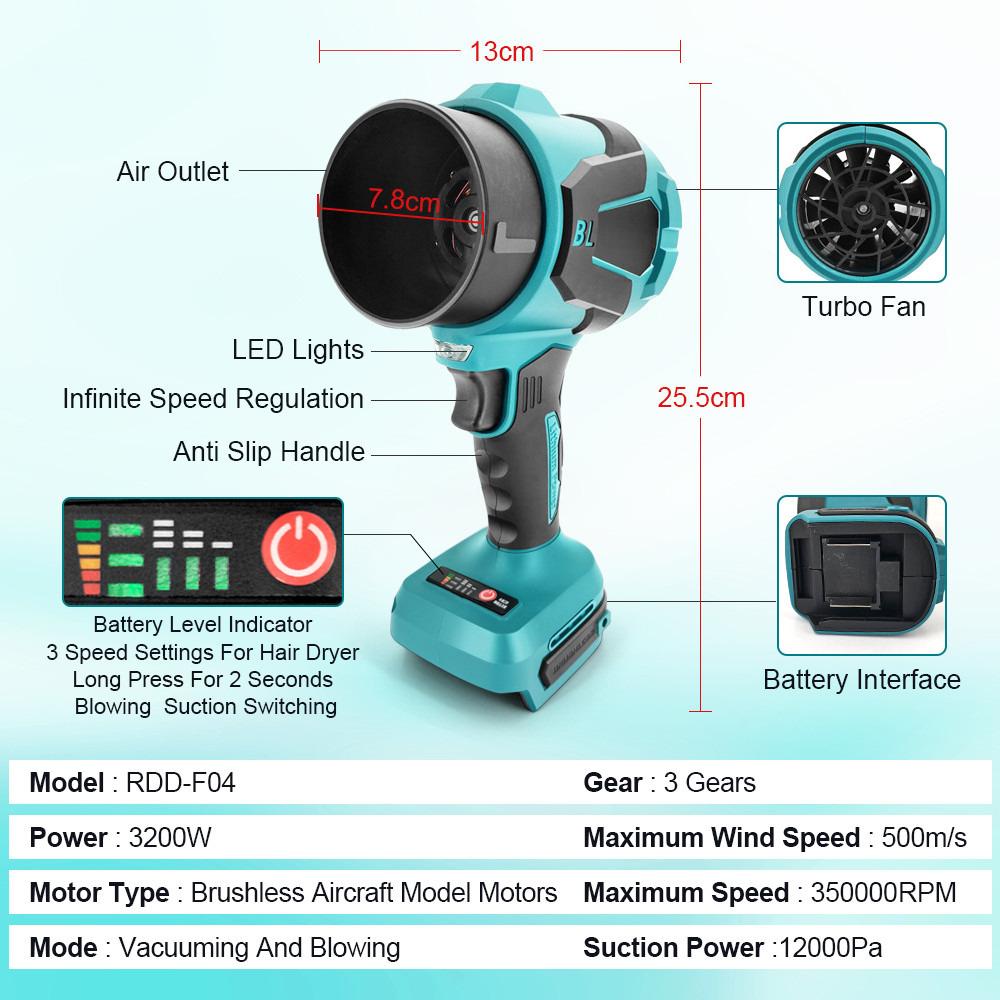 3200W 300000RPM Handheld Turbo Jet Fan Brushless Electric Blower Portable Leaf Dust Blowing and Suction Power Tool