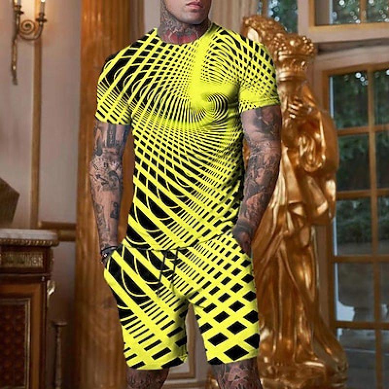 მამაკაცის შორტები მაისური კომპლექტი კოსტიუმები გრაფიკული ოპტიკური ილუზია ტანსაცმელი გარე ყოველდღიური მოკლე სახელოები 2 ცალი დიზაინერი შემთხვევითი