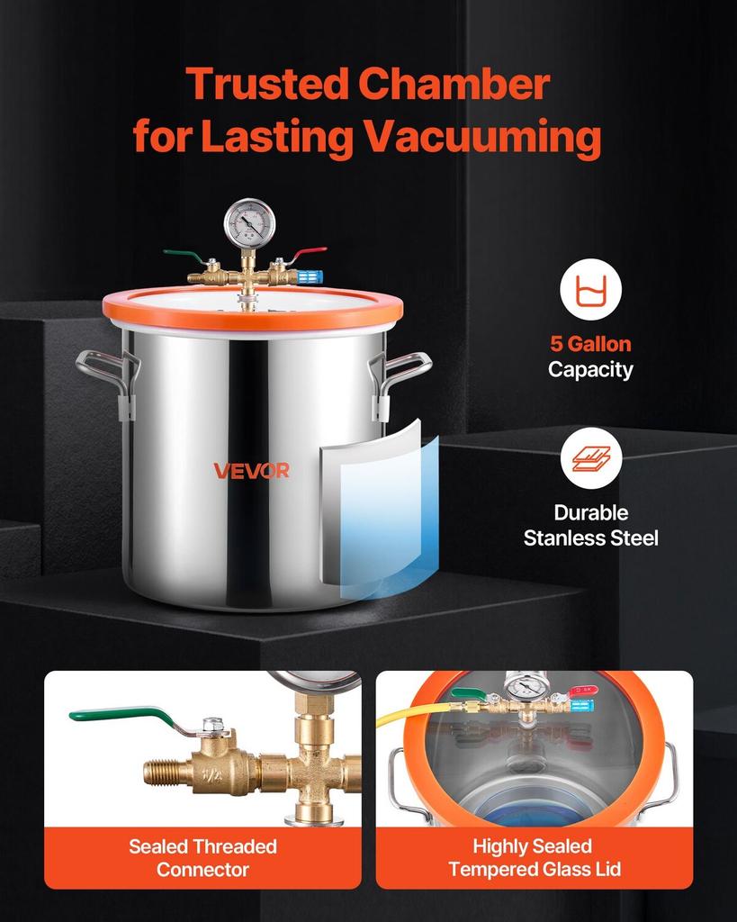 18.93 L Vacuum Chamber with Pump, 3.5 CFM 99 L/min, Single Stage Vacuum Pump, Stainless Steel Degassing Chamber Kit, Tempered Glass Lid, 1.5 M Hose,
