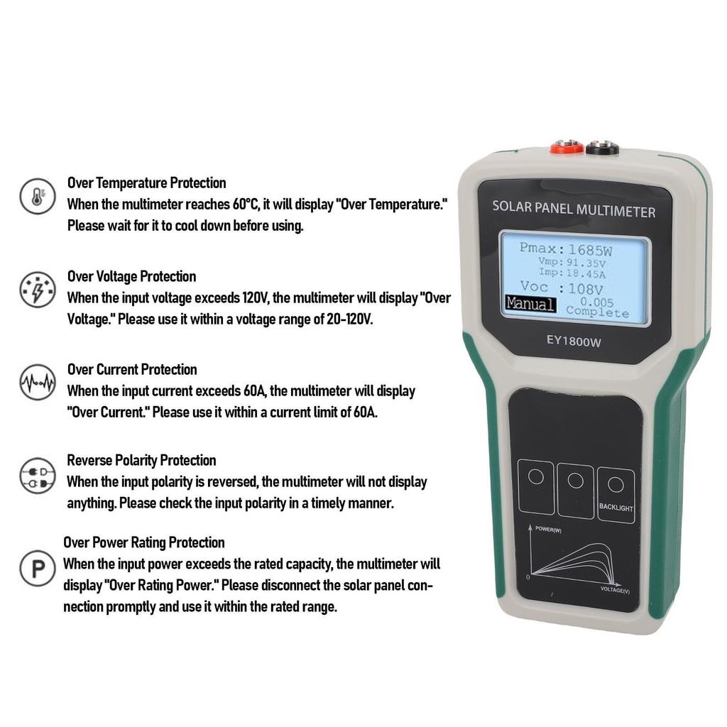 EY1800W Solar Panel Multimeter MPPT 20-120V Tester with LCD Power Point & Voltage Detection, Auto/Manual Mode, Backlight for Solar-Powered Meter Tool