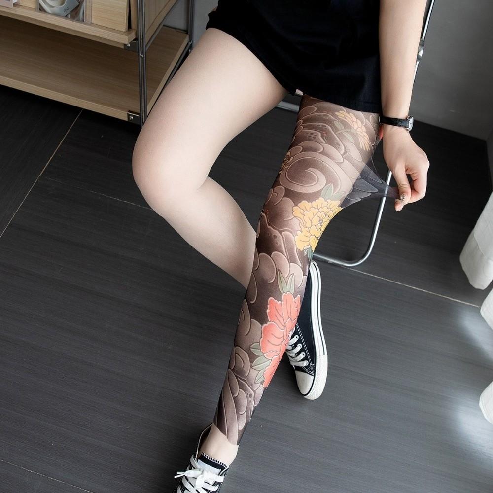 Breathable Fake Tattoo Socking Elastic Sun-proof Socks Flower Full Leg Tattoo Socks Driving