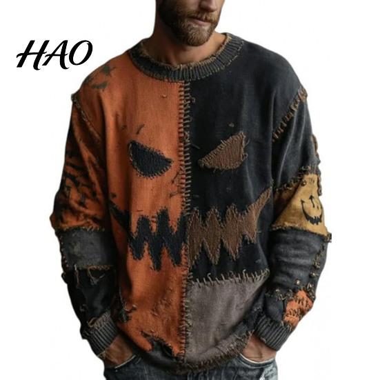 Layering Sweatshirt Halloween Gruseliges Gesicht Pullover für Damen Patchwork Print Strick Frühling Herbst Winter Oberteil Langarm Rundhals Genäht Herbst Outfit