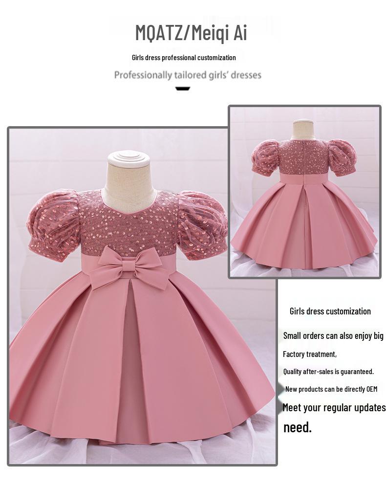 New European & American 1-Year-Old Girls' Bow Princess Dress with Puff Sleeves & Sequined Skirt