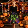 Women Crew Neck Halloween Print Dress Long Sleeve Casual Style A Line Midi Dress with Belt and Pattern Skirt