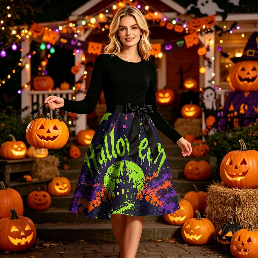 Women Crew Neck Halloween Print Dress Long Sleeve Casual Style A Line Midi Dress with Belt and Pattern Skirt