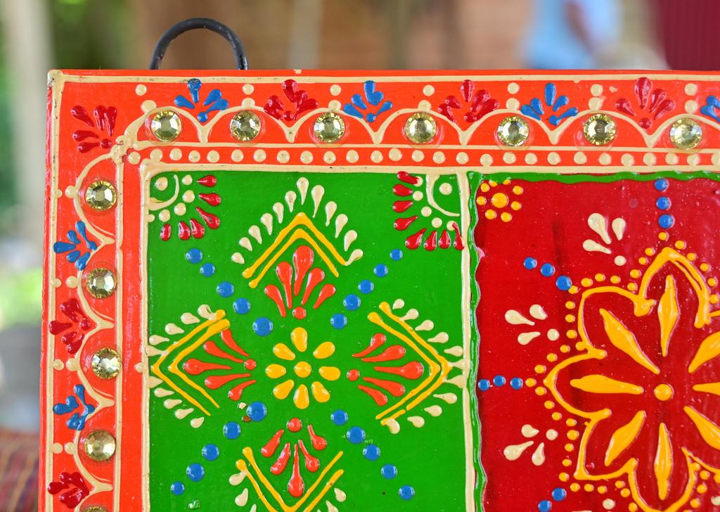 Indian Folk Art Mirror Work Wood Wall Panel: Hand-Painted Bright Ethnic Home Decor