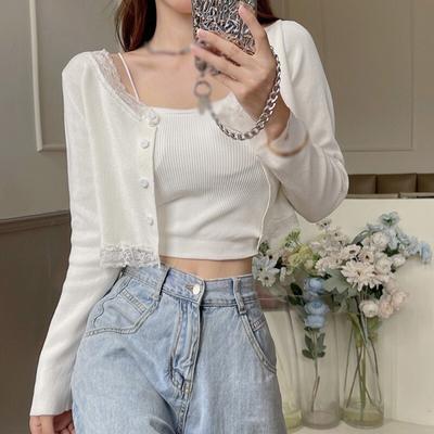 Femmes col rond dentelle couture mince T-Shirts décontracté doux hauts à manches longues tricoté Cardigan