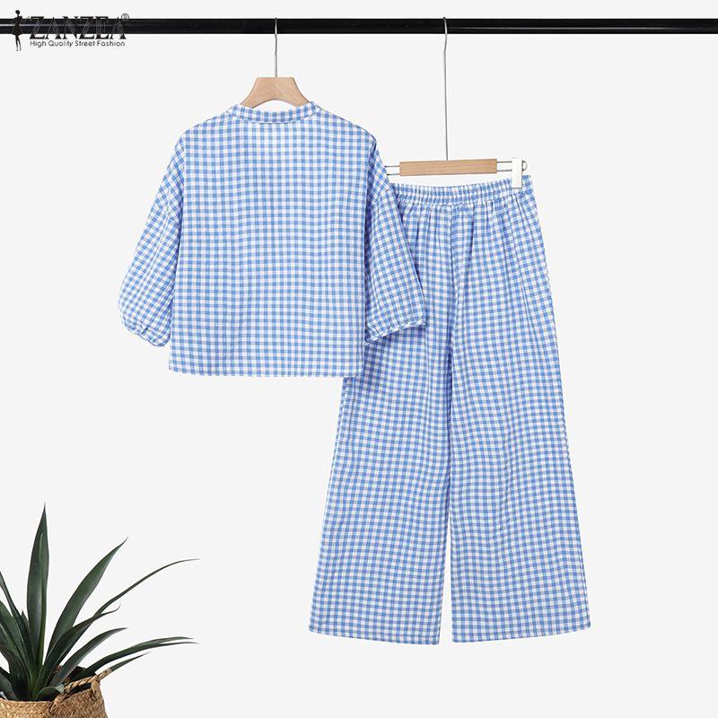 ZANZEA Women 3/4 Sleeve Blouse and Pants Plaid Print Two Piece Suit Sets