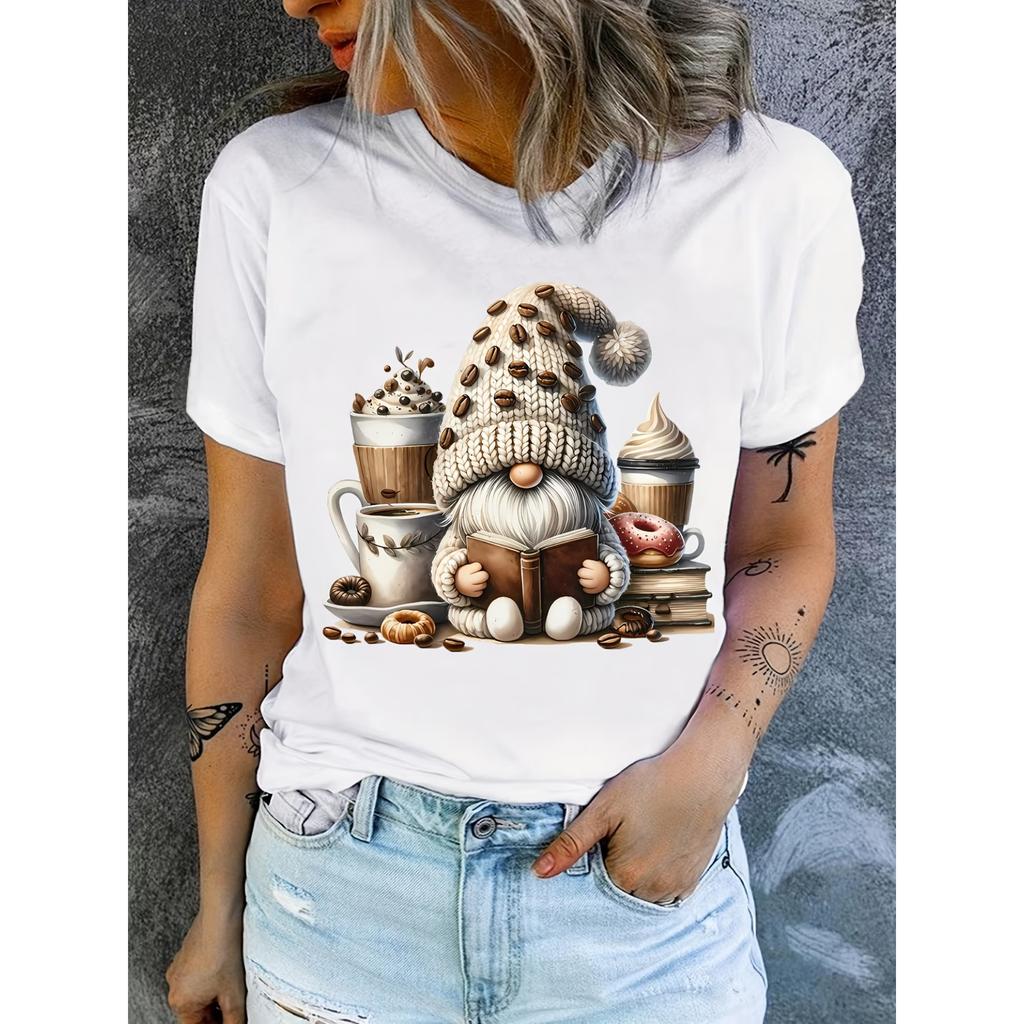 Coffee Gnome T-Shirt - Casual Round Neck Summer Top with Reading Gnome & Coffee Bean