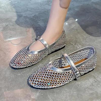 Lüks Kristal Rhinestone Fileli Babetler Kadın Marka Tasarımı Zımba File Mary Jane Ayakkabılar Bayan Yaz Loafer'ları Büyük Beden 42