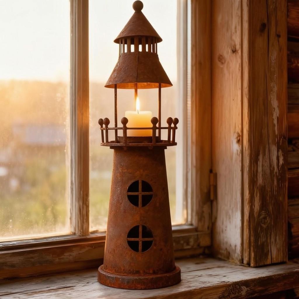 Metal Lighthouse Candle Holder with Rusted Finish Rustic for Mantel, Entryway