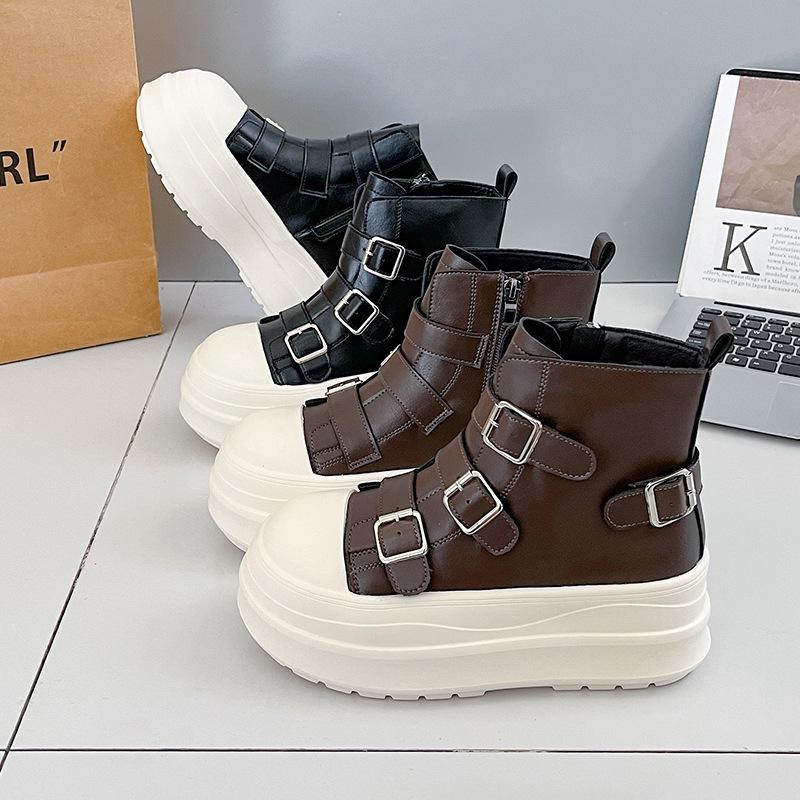 European big-headed thick-soled Martin boots for women's 2025 autumn new soft leather British style belt buckle recreational locomotive short boots