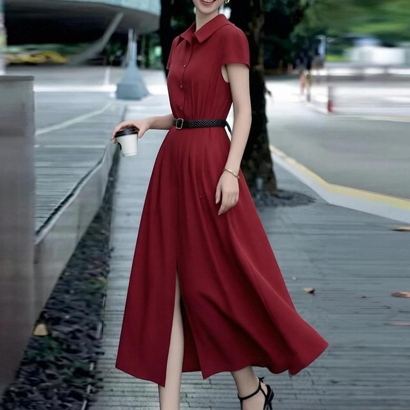 Nuovi abiti da donna primaverili, abiti europei e americani, abiti francesi eleganti a tinta unita slim-fit, abiti lunghi