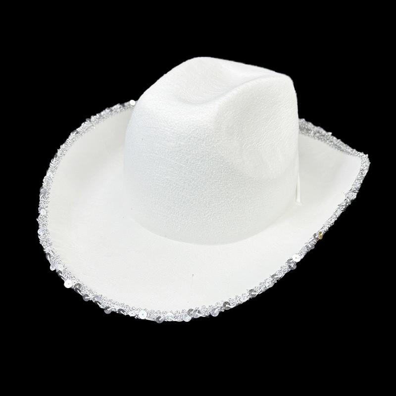 White Cowboy Hat With Silver Border For Cosplay And Party Decorations белый
