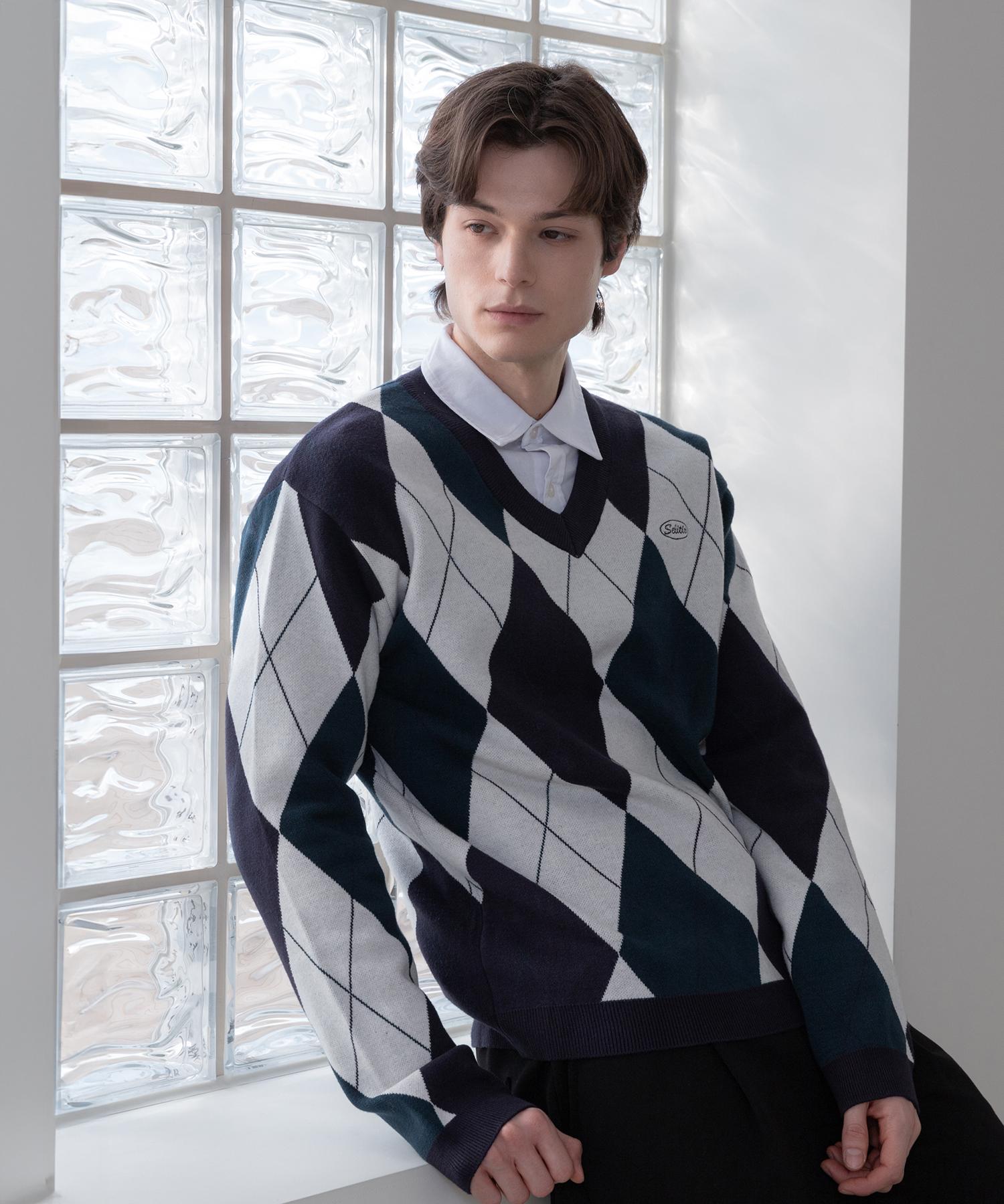 Celtio Argyle V-Neck Soft Knit Navy Navy/M