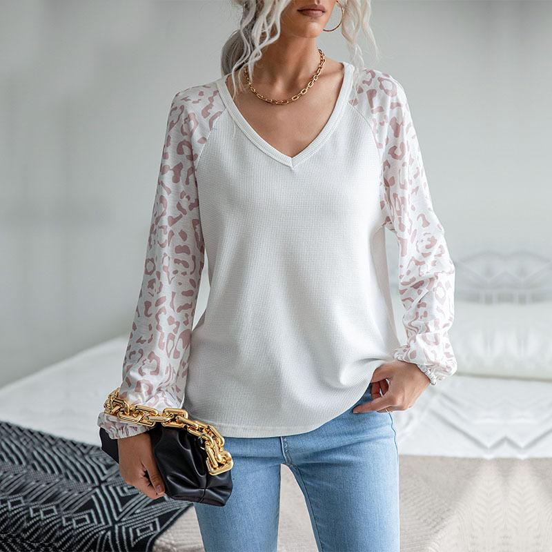 Woman Clothing Fashion Casual Tops Shirts Fashionable and Casual Temperament Early Fall Women's Long-sleeved Leopard V-neck Knit Sweater Women's Fall