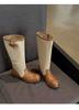Cowhide Version Splicing Leather Western Boots Pleated Piled Boots Women'S Knee Retro Style Thick Heel Thin Knight Boots