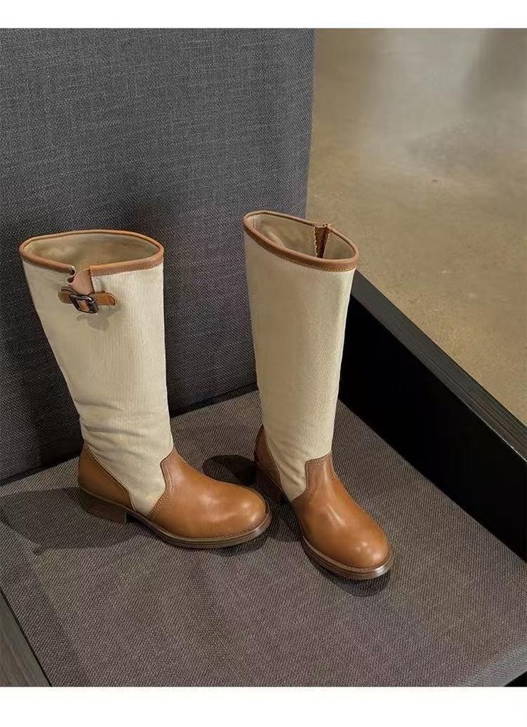 Cowhide Version Splicing Leather Western Boots Pleated Piled Boots Women'S Knee Retro Style Thick Heel Thin Knight Boots