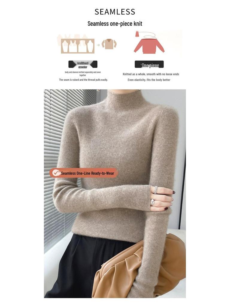 Women’s 2025 Autumn/Winter Pure Wool Sweater, Half-High Neck, Ribbed, Slim-Fit, Figure-Flattering with Cashmere Inner Layer