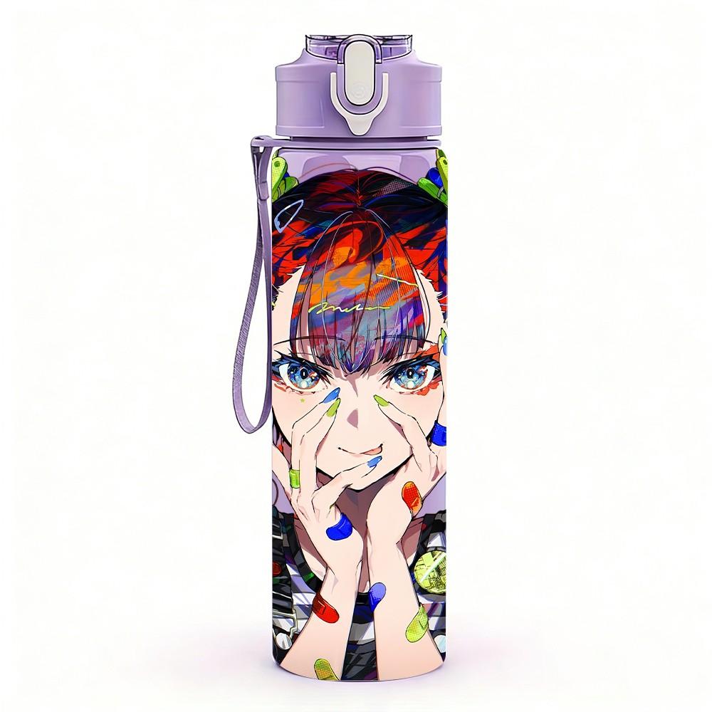 1PC Anime Boy Character Pop Graffiti Style Art 750ml Color Plastic Sports Water Bottle Leakproof Flip Straw Lid Suitable for Sports Office Home Use