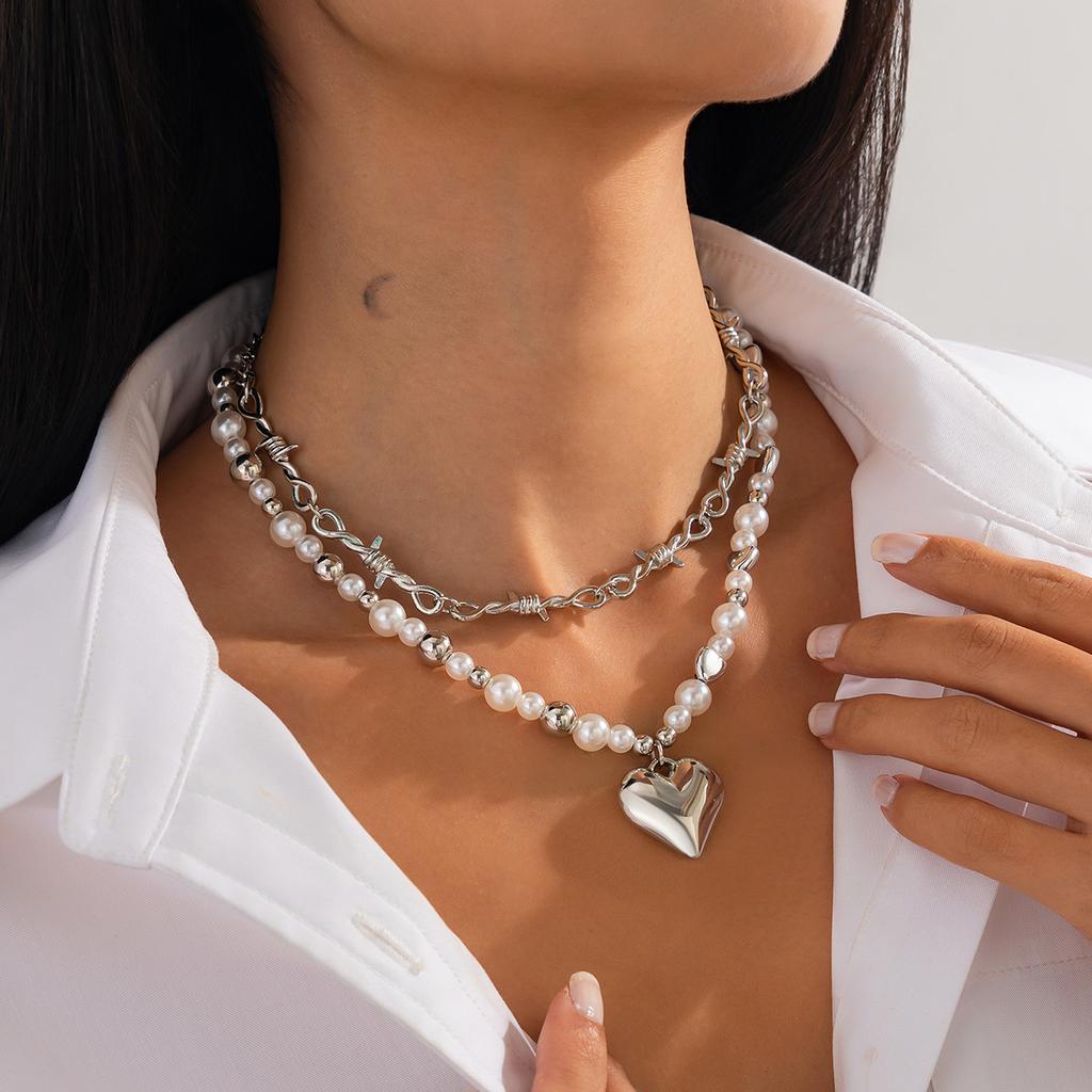 Double Imitation Pearl Love Pendant Necklace, Design Sense Metal Kink Chain Stacked Necklace