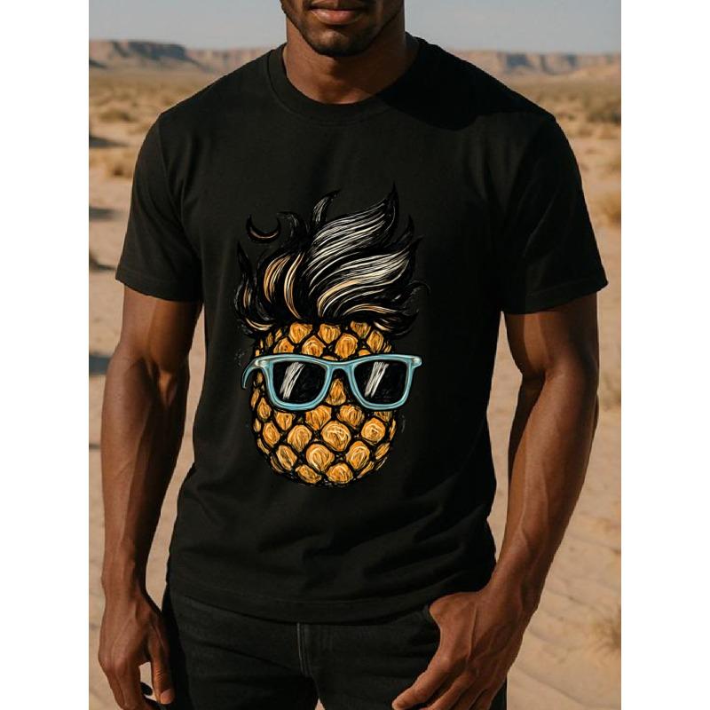 

European Size Men s Hip-Hop Pineapple Print T-Shirt - Short Sleeve Casual Round Neck Breathable Medium-Stretch Fabric & Pineapple Slice Design 4XL чорний